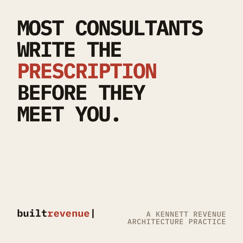 Card front: 'Most consultants write the prescription before they meet you.' with the builtrevenue wordmark.