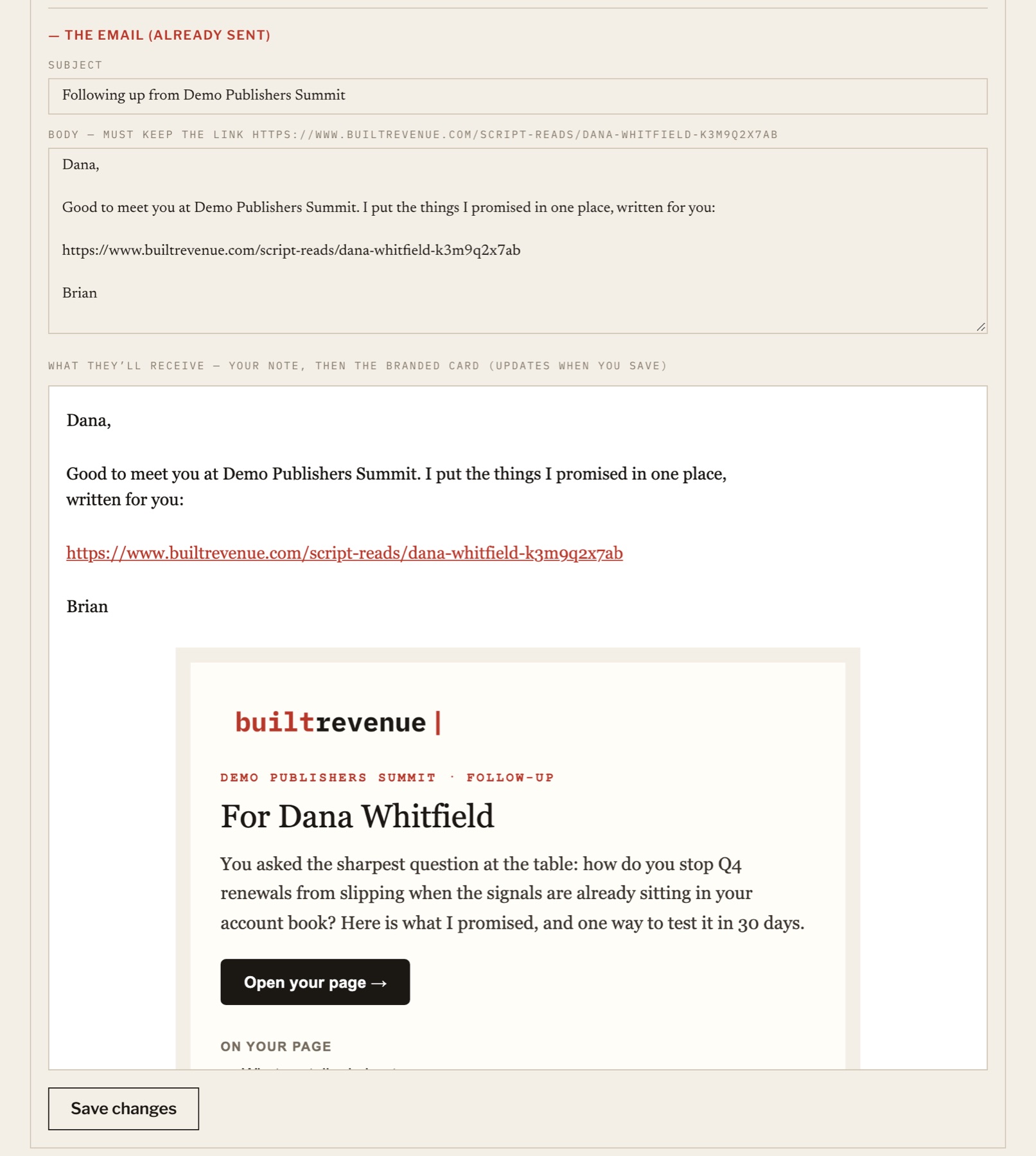 Admin email review: subject, plain-text body with the page link, and a live preview of the email with a branded card titled 'For Dana Whitfield' and an 'Open your page' button.