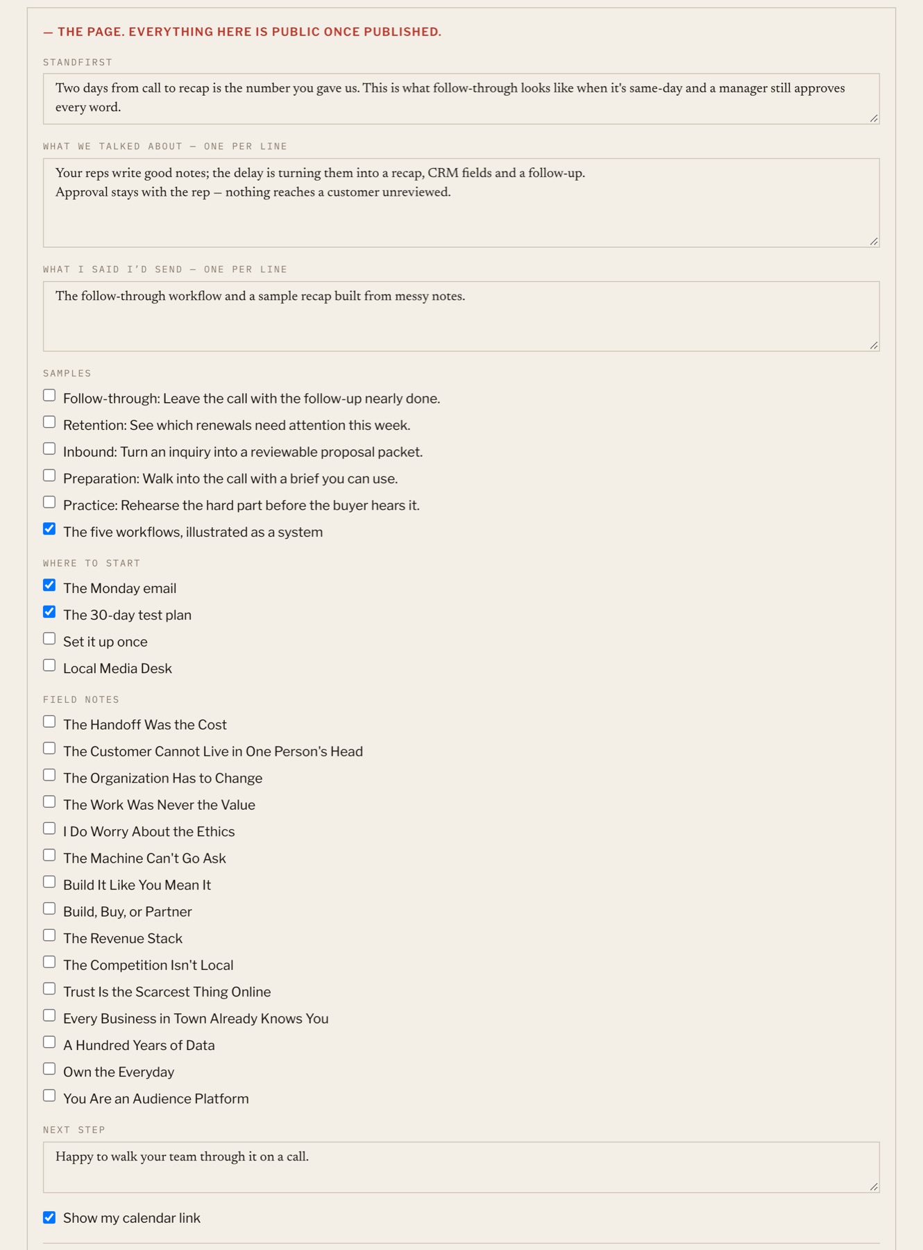 Admin editor for the public page: standfirst, what we talked about, what I said I'd send, checkboxes for samples, resources and field notes, a next step, and a calendar-link toggle.