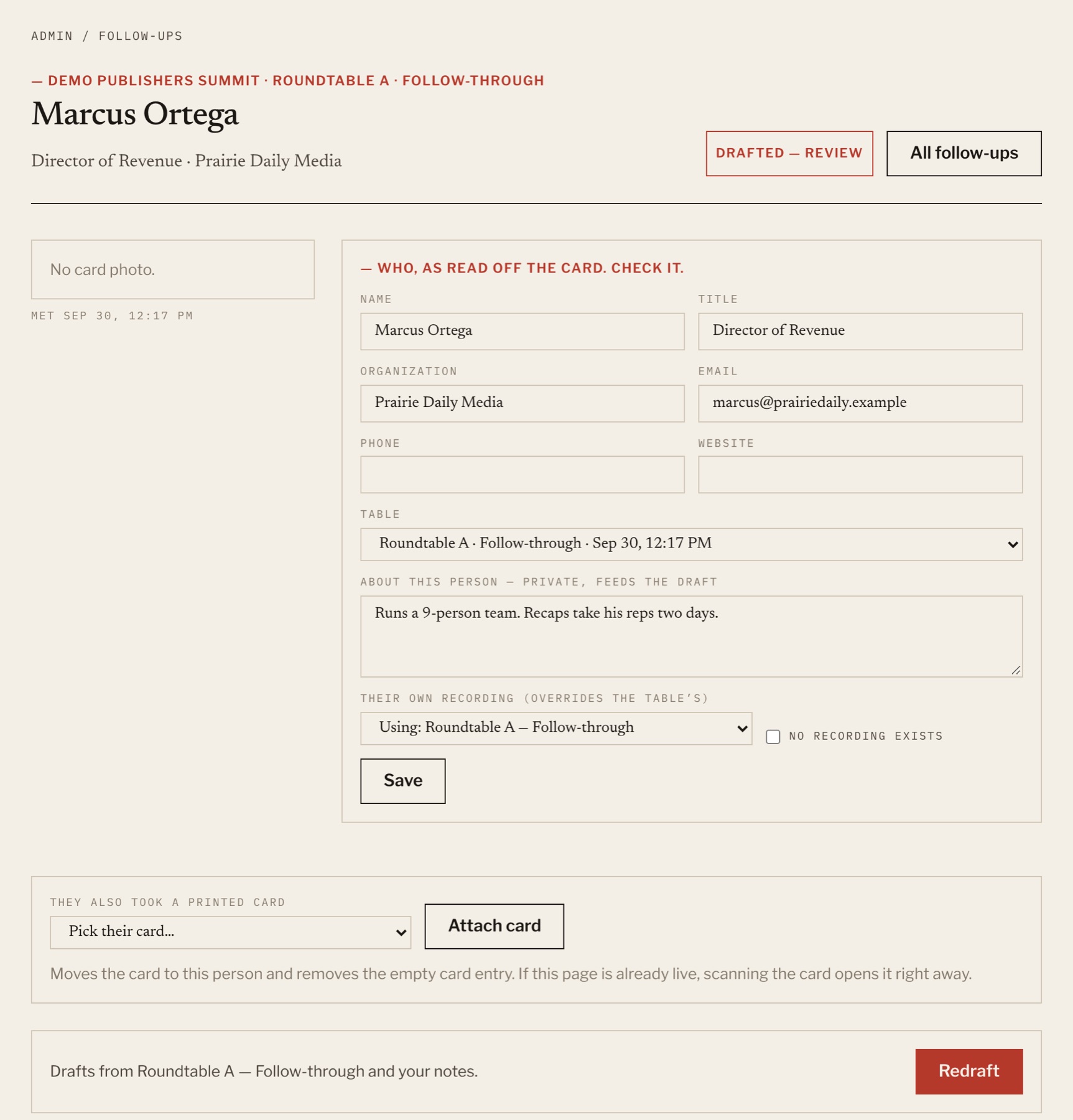 Admin detail for one person: name, title, organization and email read off the card, their table, a private note, the recording in use, and a Redraft button.