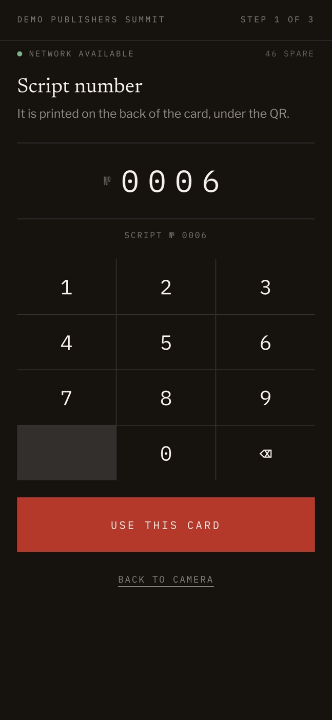 Phone screen: entering script number 0006 on a keypad.