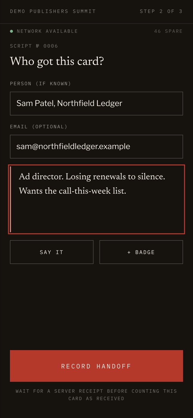 Phone screen: 'Who got this card?' with a name, an email and one dictated sentence, and a Record handoff button.