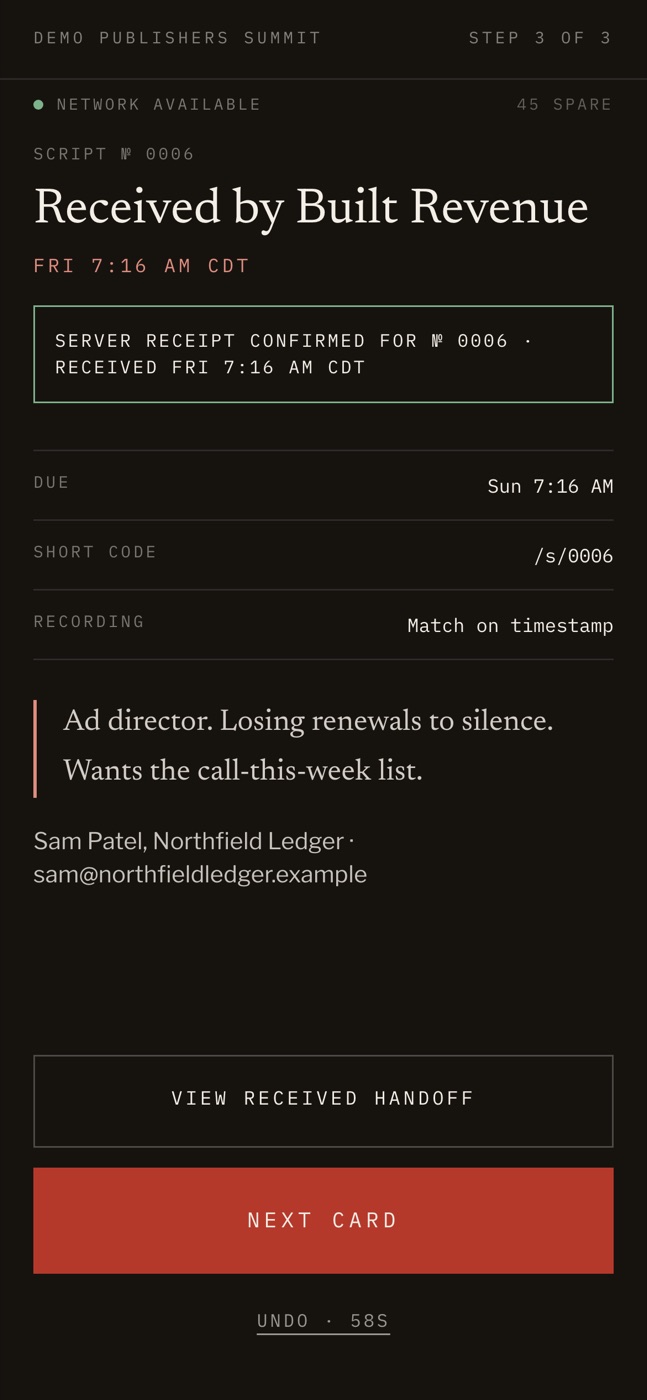 Phone screen: 'Received by Built Revenue', with a server receipt, the due time 48 hours later and the card's short code.