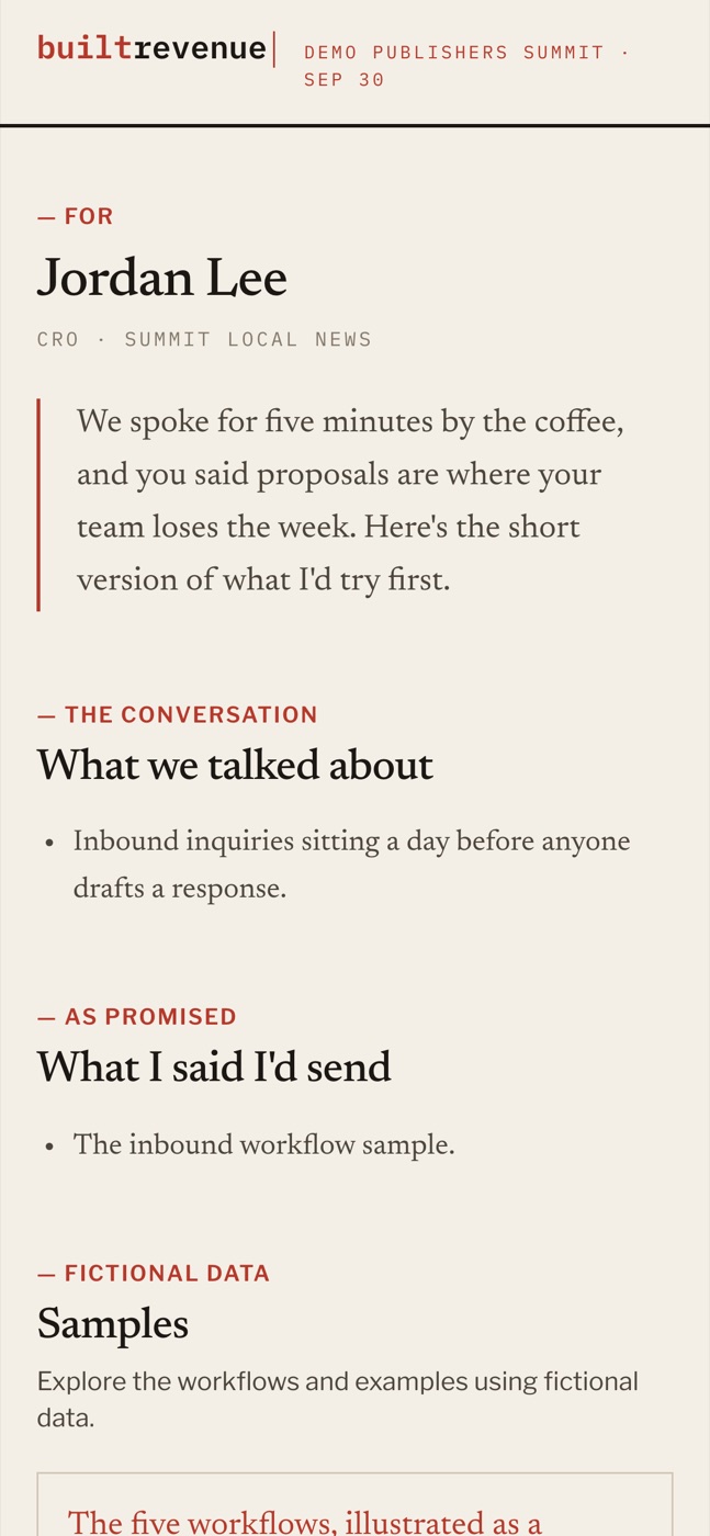 Phone screen after scanning a card: the follow-up page for a fictional attendee, Jordan Lee.
