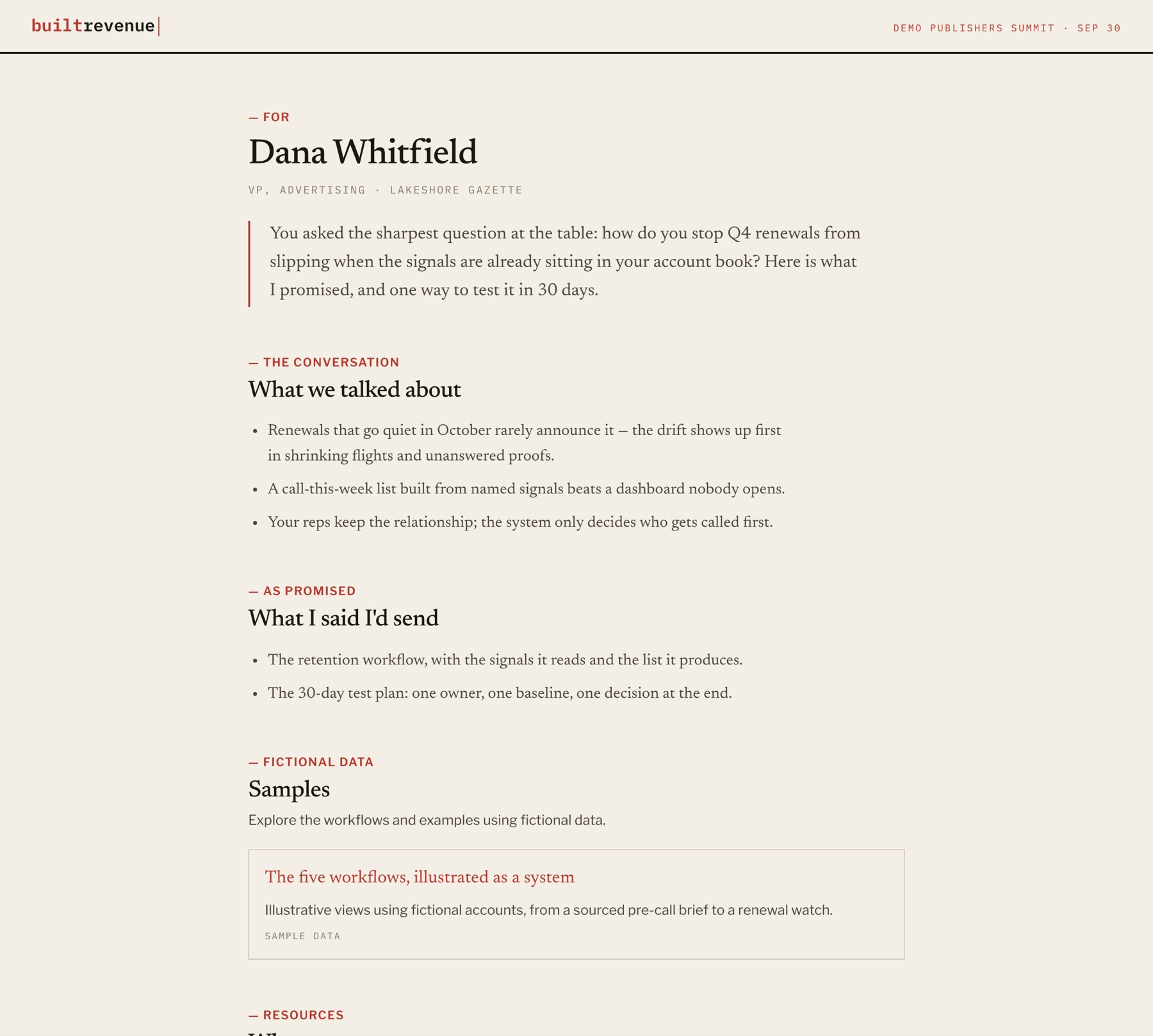 Public follow-up page for a fictional attendee: 'For Dana Whitfield', a short standfirst, what we talked about, and what I said I'd send.